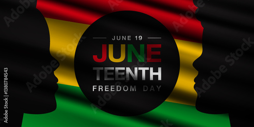 June 19 is Juneteenth Freedom Day. Flag and human. Great for posters, banners, social media and more. Black background.