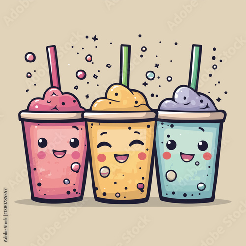 Adorable Cartoon Smoothie Cups with Happy Faces and Colorful Toppings