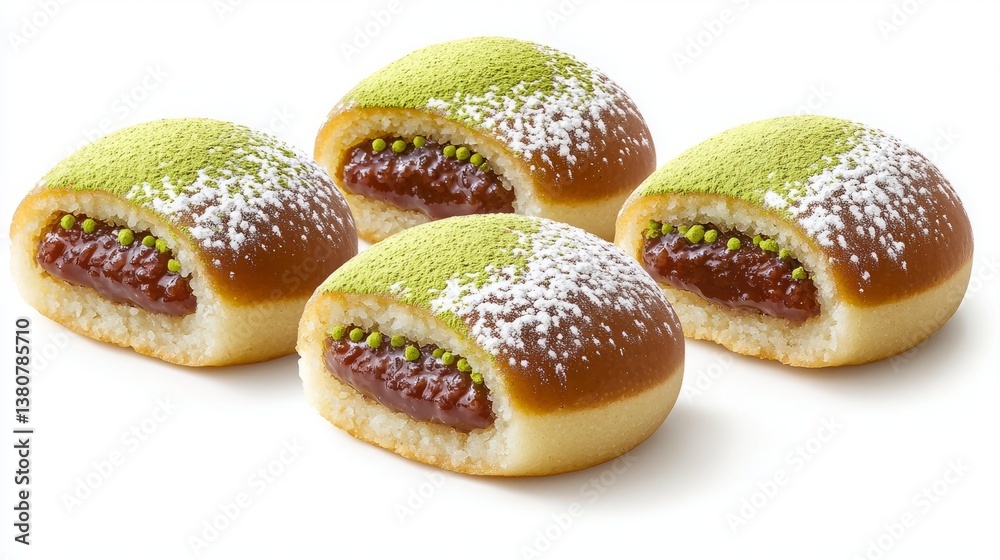 International sweet food minimal. A delicious assortment of sweet pastries filled with red bean paste and topped with green powder and powdered sugar. International sweet food minimal. A delicious assortment of sweet pastries filled with red bean paste and topped with green powder and powdered sugar.
