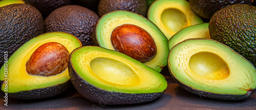 Freshly sliced avocados displayed on a wooden table showcasing their vibrant green flesh and brown pits