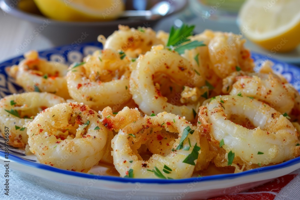 Crispy fried calamari with lemon garnish. AI generated Crispy fried calamari with lemon garnish. AI generated