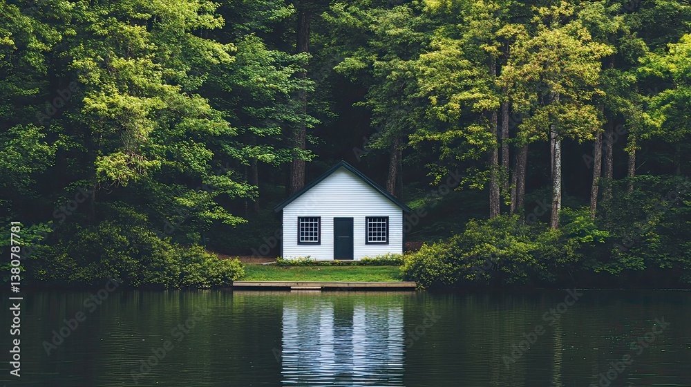 Obraz premium Tranquil cabin retreat by serene lake forested nature scene peaceful environment