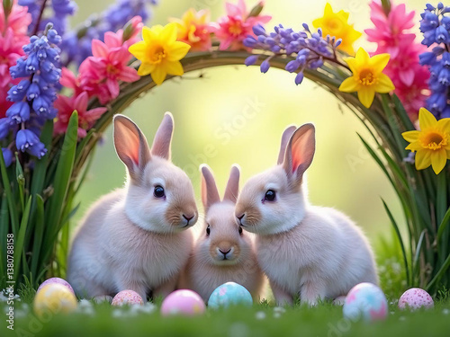 A family of three rabbits sitting beneath an arch