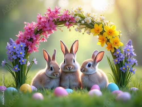 A family of three rabbits sitting beneath an arch