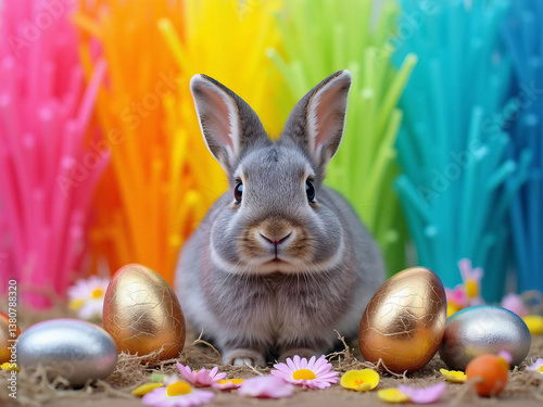 A Holland Lop rabbit with floppy ears sitting among a field of vibrant multicolored tulips