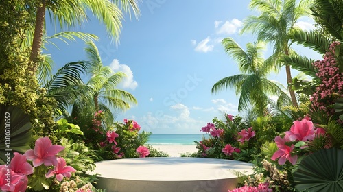 A podium surrounded by tropical flowers and palm trees at a beach resort