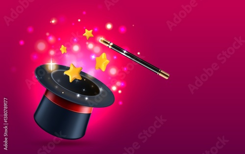 Magic Wand and magic hat with red gradient background photo