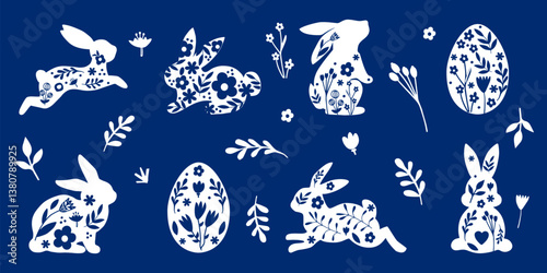 Happy Easter, decorated Easter card, banner. Bunnies, Easter eggs, flowers and a basket. Patterned design in folk style. Vector illustration.