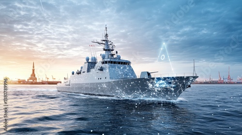 Modern warship sailing on calm waters at sunrise, surrounded by digital particles, near a harbor.