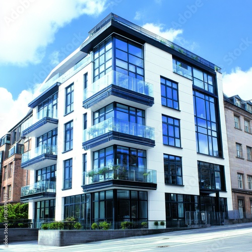 Modern white building with large windows and black accents, situated on a city street under a bright blue sky.