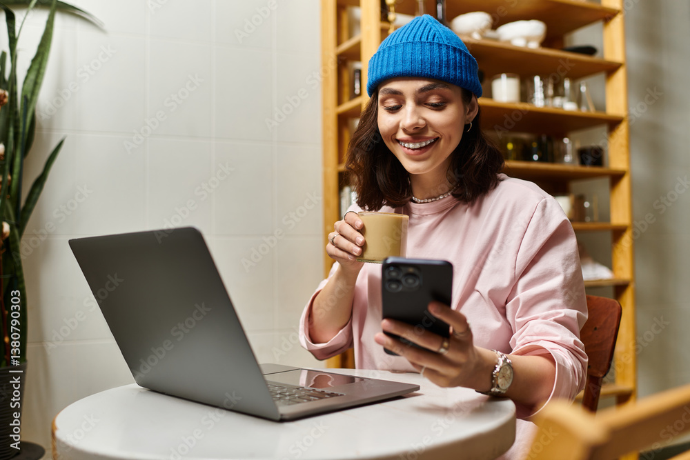 Fototapeta premium Young woman enjoys remote work in modern cafe while sipping coffee