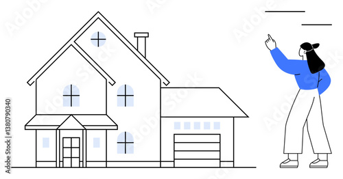 Woman gesturing toward a two-story house with a garage, arched windows, and a chimney. Ideal for real estate, architecture, homeownership, construction, property investment, urban planning