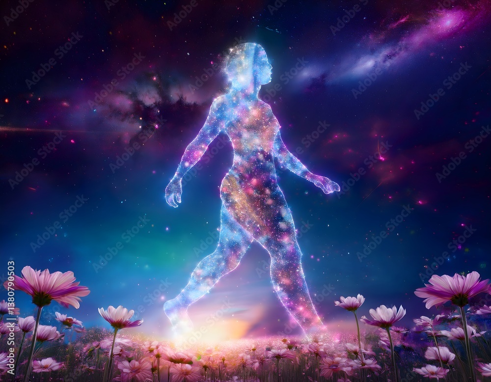 Obraz premium Cosmic being walking through a flower field under the stars