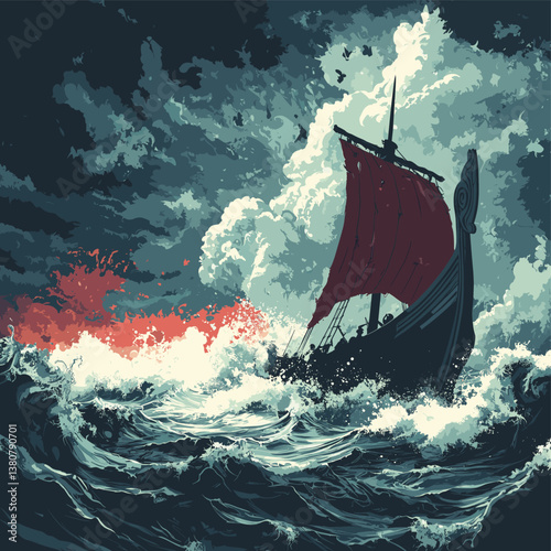 Viking Longship Sailing Through Stormy Seas with Red Sail