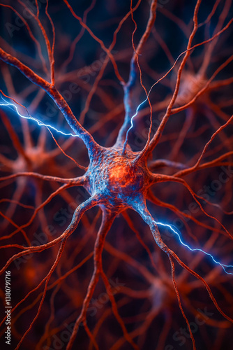 Visual representation of a neuron with dendrites and synapses depicting neural activity and electrical impulses in the nervous system.