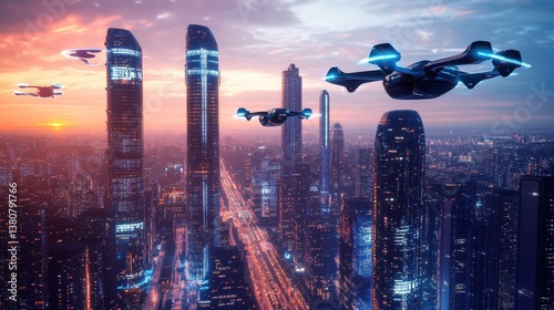 Neon-lit futuristic cityscape with flying cars and towering skyscrapers