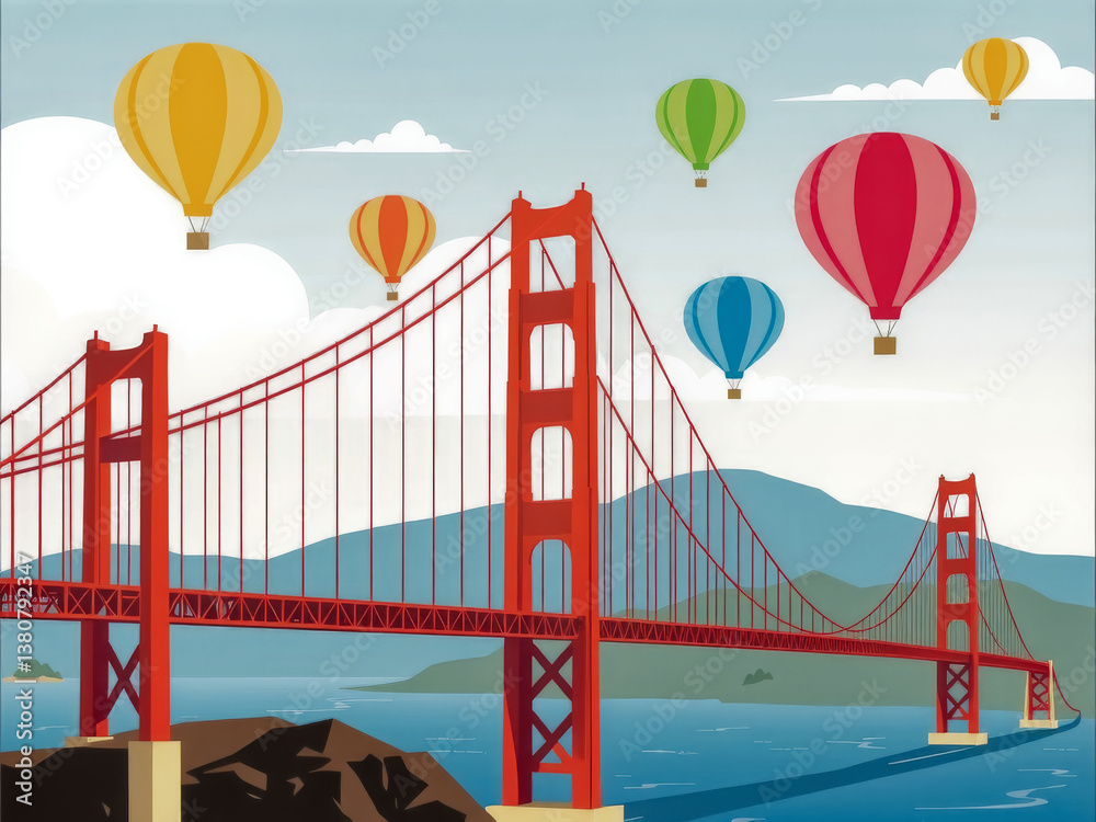A bridge spans a body of water with a few hot air balloons flying over it. The balloons are in various colors and are scattered throughout the sky. Concept of freedom and adventure