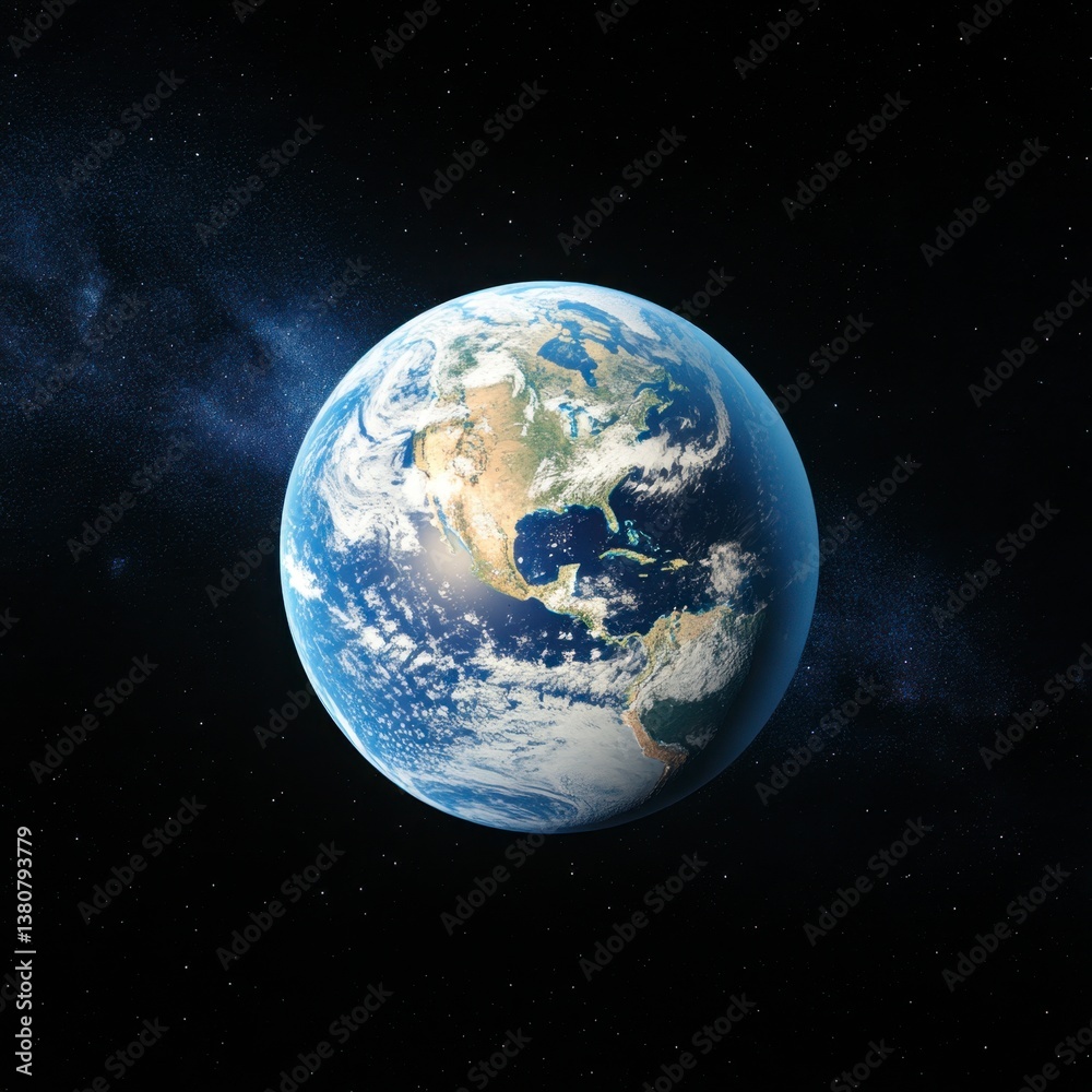 Obraz premium Pixel art depiction of Earth from space, showing North and Central America, against a backdrop of stars and the Milky Way.