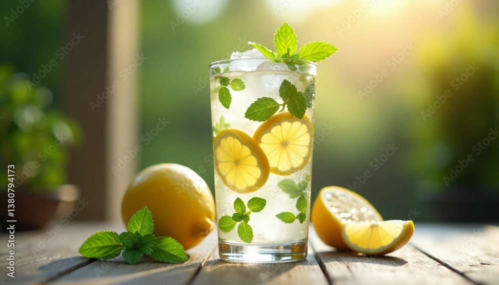 Fototapeta premium Refreshing Icy Lemonade + Fresh Mint & Citrus Slices + Summer Beverage + Drink Photography