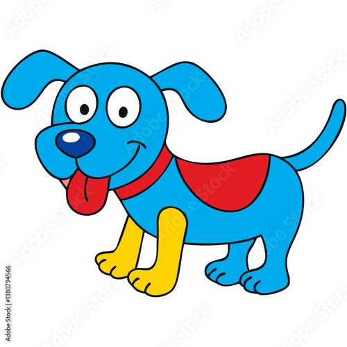 Cartoon Blue Puppy Dog, Happy, Friendly, Red Cape, Yellow Paws