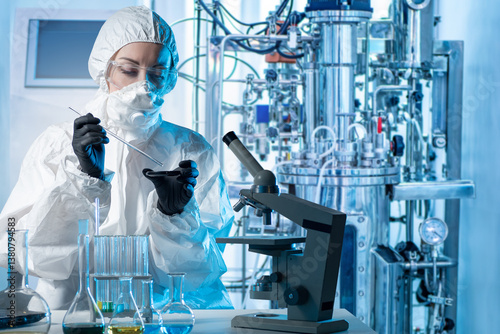 Laboratory assistant with microscope bio tech. Biologist at work. Scientist near bioreactor. Biologist in protective suit. Laboratory assistant makes scientific experiment. Biologist with flask