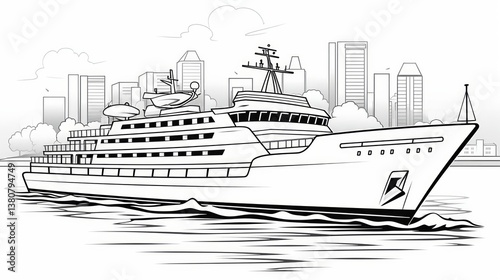 Yacht moored in urban harbor, line art style. AI generated