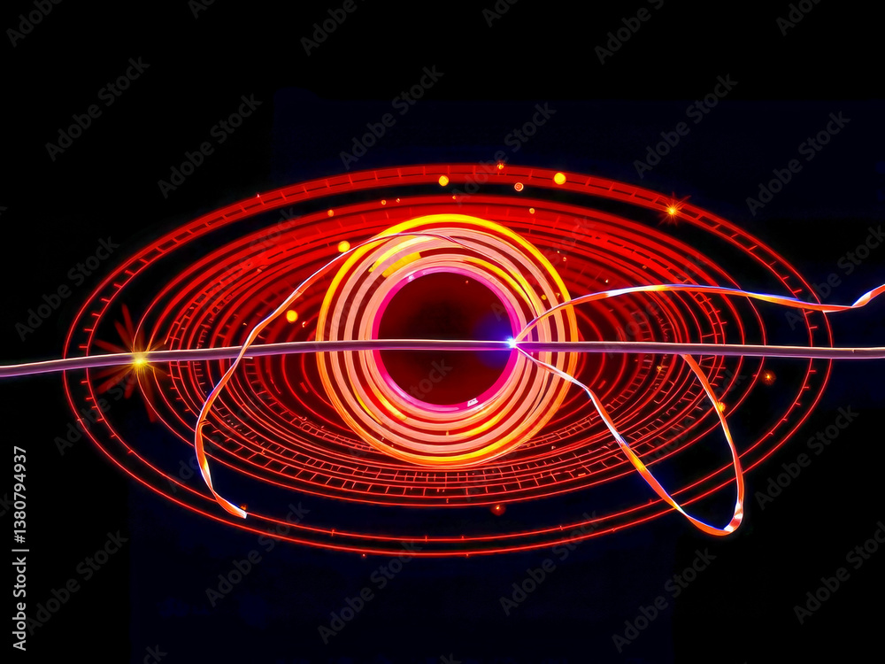 A red and orange circle with a black background. The circle is surrounded by a black line