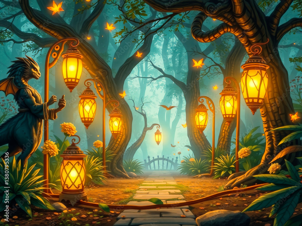 A fantasy scene with a dragon and a path lit by lanterns. Scene is mysterious and enchanting