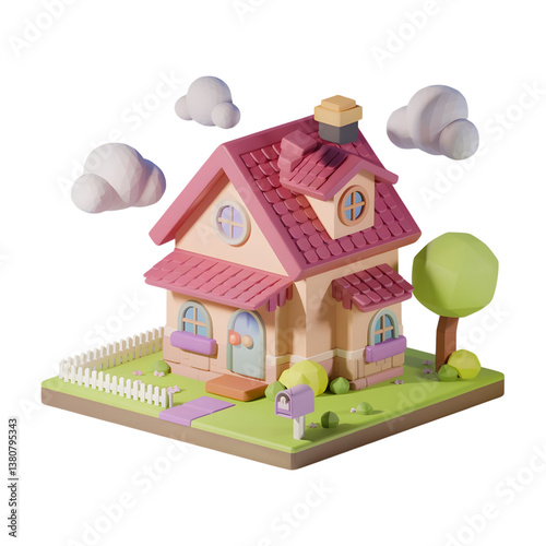 3D Cartoon Small House with Tree and cloud on Transparent Background,  geometric shapes and soft, pastel colors.