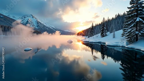 Tranquil winter sunrise over a serene lake and snow-covered forest