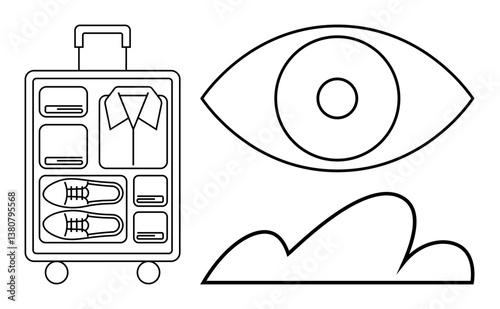 Organized suitcase with clothes, shoes, and essentials paired with an eye icon and cloud element. Ideal for travel, packing tips, planning, vision, minimalism organization inspiration. Flat simple