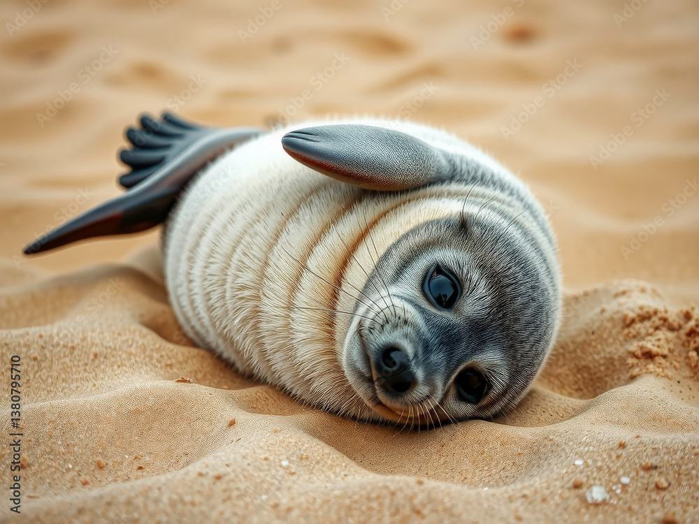A baby seal is laying on the sand, looking up at the camera. The scene is peaceful and serene, with the seal's innocence and curiosity shining through