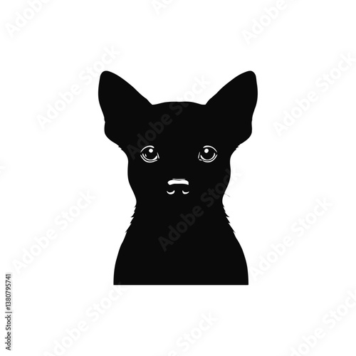 A black and white vector silhouette of a cute dog sitting with its tail wagging on a white background.