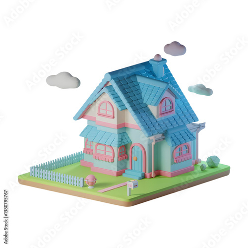 3D Cartoon Small House with Tree and cloud on Transparent Background,  geometric shapes and soft, pastel colors.