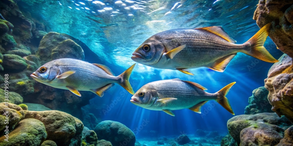 Fototapeta premium Underwater Scene with Vibrant Fish Swimming in Oceanic Environment