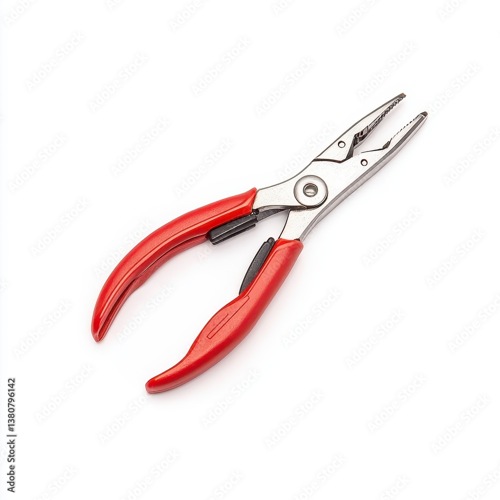 Red handled pliers on white background, studio shot. Small, precision tool. Red handled pliers on white background, studio shot. Small, precision tool.