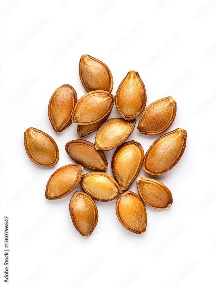 Close up view of roasted pumpkin seeds scattered on a white background. The seeds are light brown and appear dry and roasted. Close up view of roasted pumpkin seeds scattered on a white background. The seeds are light brown and appear dry and roasted.