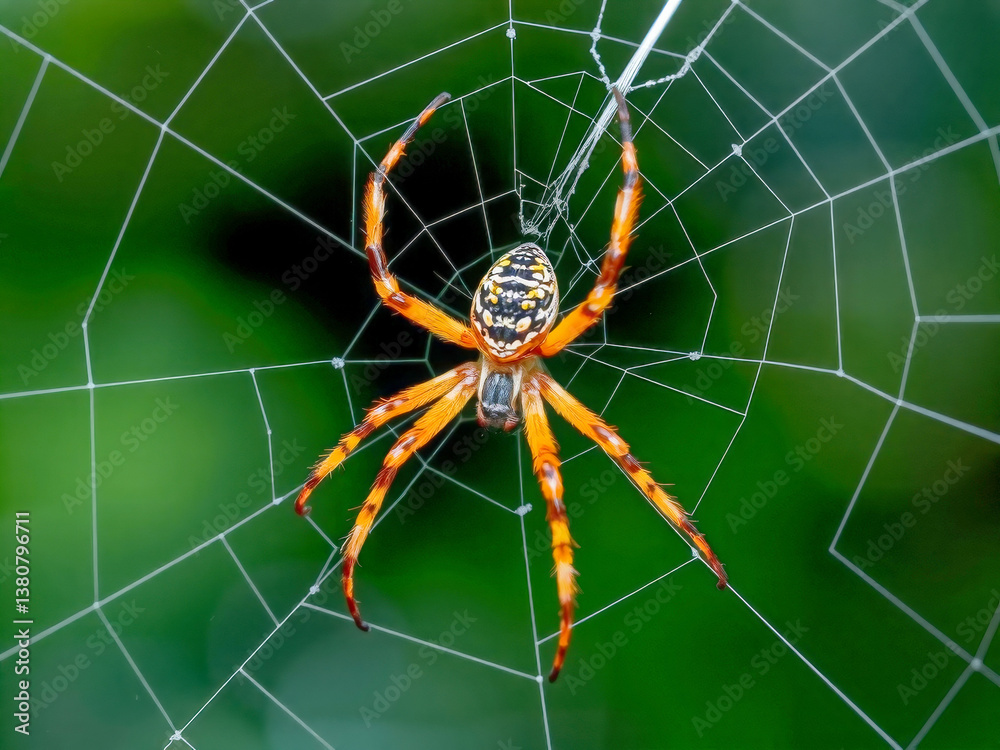 A spider is sitting in the center of a web. The spider is orange and black. The web is green and brown