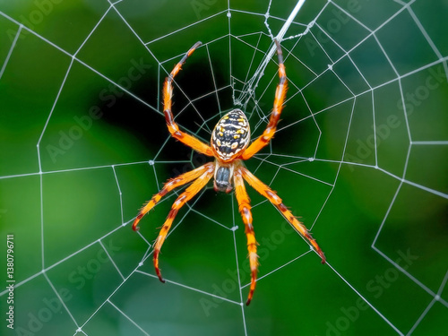 Obraz na płótnie A spider is sitting in the center of a web. The spider is orange and black. The web is green and brown w salonie