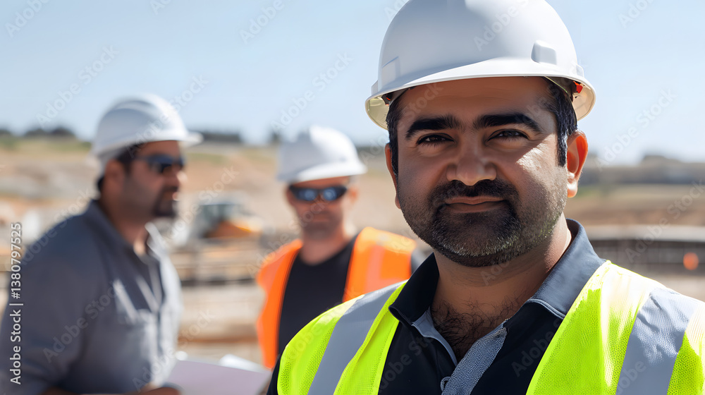 A confident construction worker in a hard hat and safety vest poses at a bustling construction site.