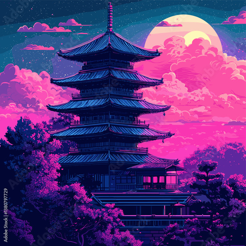 Futuristic Pagoda under a Full Moon with Purple and Pink Sky