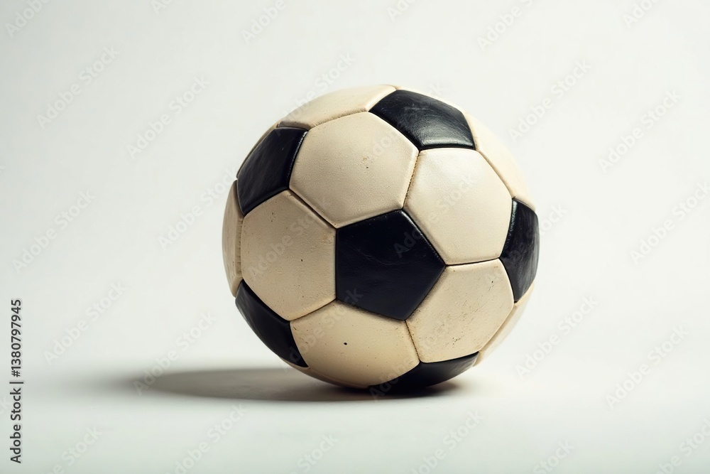 Well-worn football against plain white backdrop , isolated, antique