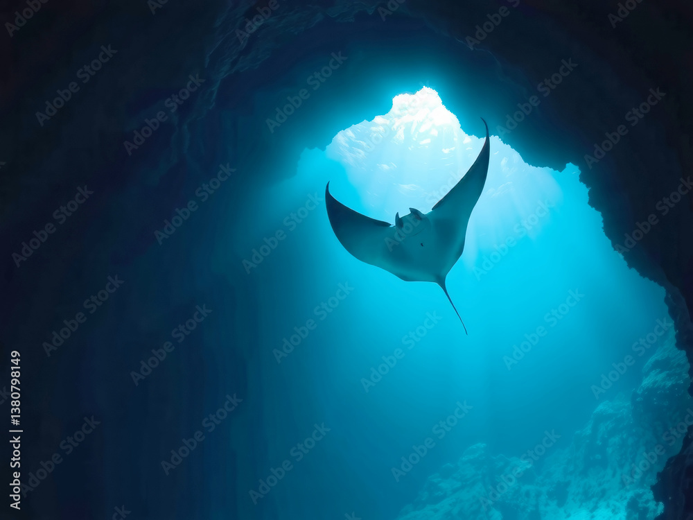 A large blue stingray is flying through the water. The image has a serene and peaceful mood, as the stingray glides through the water with grace and ease
