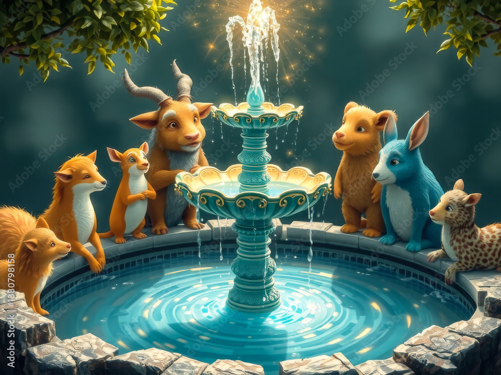 A group of cartoon animals are gathered around a fountain. The animals include a fox, a rabbit, a deer, a bear, and a giraffe. The scene is set in a park, with the fountain as the focal point