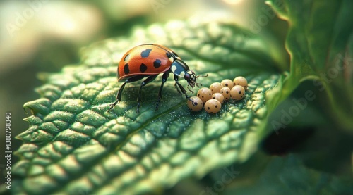 Ladybug Protecting Eggs on Leaf with Spots