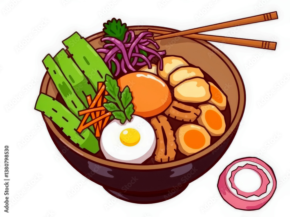 A bowl of food with a green vegetable, carrots, and an egg. The bowl is black and the food is colorful