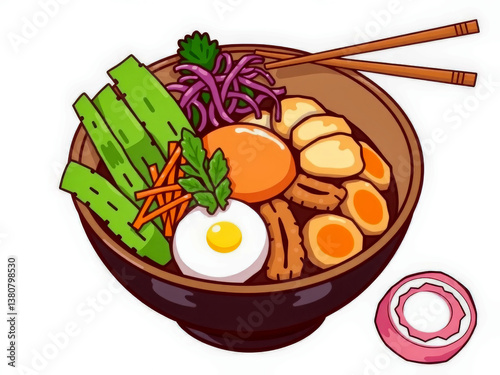 Obraz na płótnie A bowl of food with a green vegetable, carrots, and an egg. The bowl is black and the food is colorful w salonie