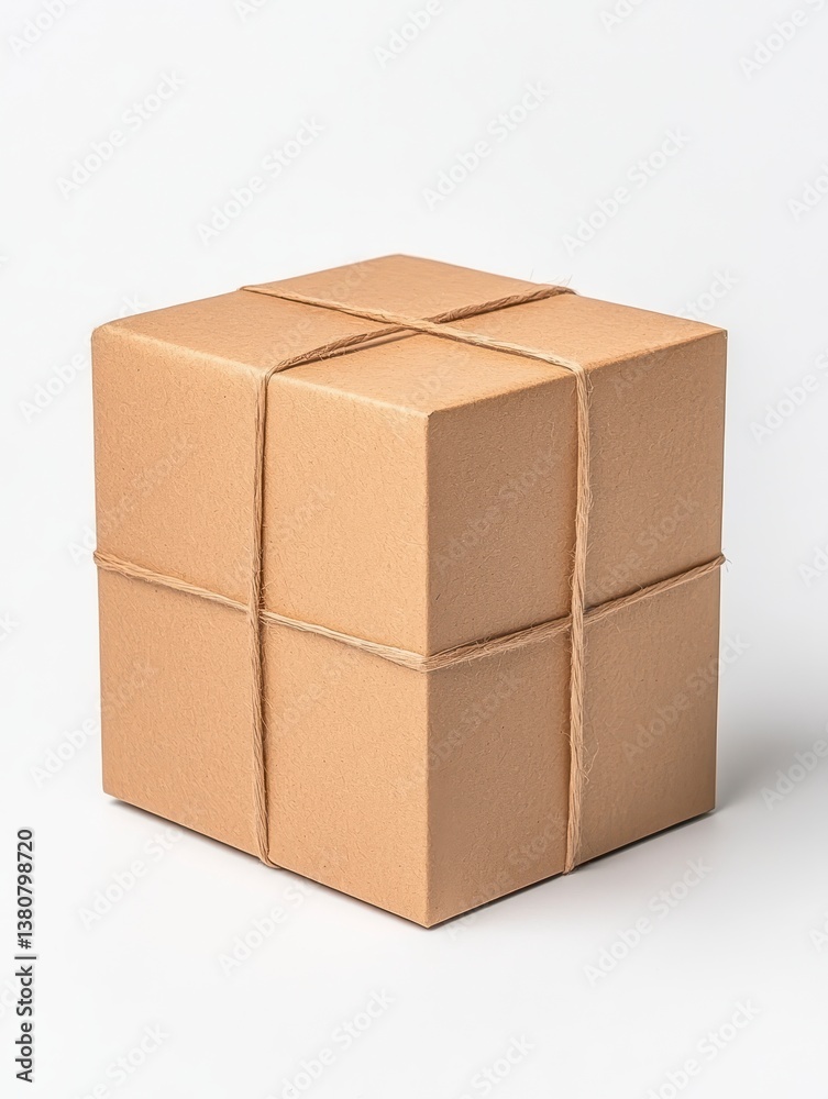 Square brown package tied with twine against a white background. Simple, rustic packaging concept. Square brown package tied with twine against a white background. Simple, rustic packaging concept.
