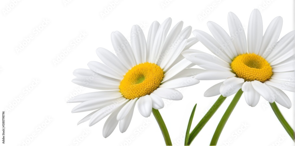 Close Up of Two White Daisies with Yellow Centers on White Background Close Up of Two White Daisies with Yellow Centers on White Background