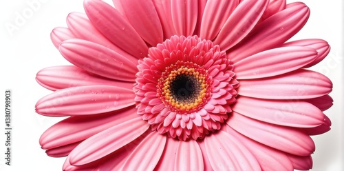 Pink Gerbera Daisy Close Up Water Droplets on Petals, White Background